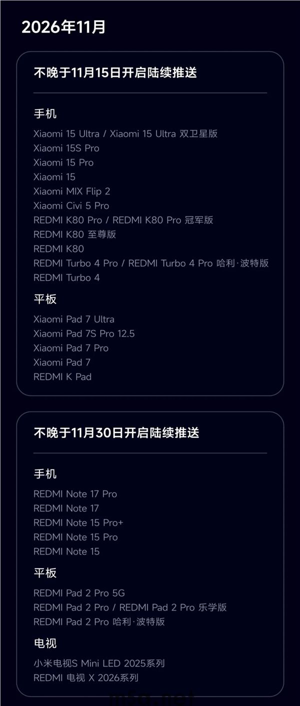 能升级机型一览!小米澎湃OS4正式版开启推送 流畅度、AI能力等大幅提升(图2) 澎湃OS 4测试招募于10月14日截止,正式版自10月15日起分批推送,适配机型见图
